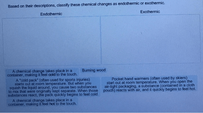 Classify the chemical changes as endothermic or exothermic.